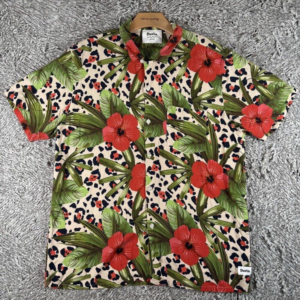 Duvin Design Hawaiian Shirt Men's Medium Floral Tropical Beach Stretch Aloha